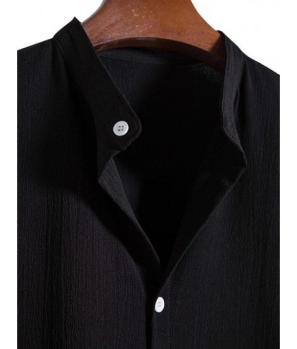 Solid Color Stand Collar Short Sleeves Shirt And Casual Shorts Set Solid Color Stand Collar Short Sleeves Shirt And Casual Shorts Set