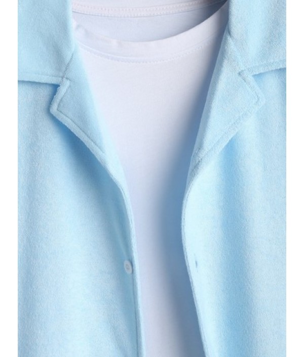 Men's Solid Color Lapel Collar Terry Cloth Button Front Short Sleeves Shirt And Terry Cloth Drawstring Casual Shorts Set