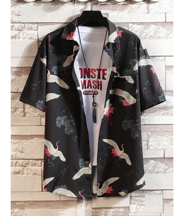 Men's Beach Vacation Matching Co Ord Chinese Style Crane Floral Print Short Sleeve Button Up Shirt And Drawstring Pockets Shorts Two Piece Set Men's Beach Vacation Matching Co Ord Chinese Style Crane Floral Print Short Sleeve Button Up Shirt And Drawstring Pockets Shorts Two Piece Set