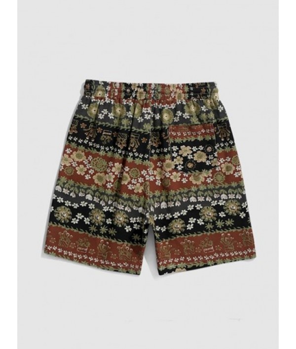 Floral Shirt And Drawstring Pockets Shorts Set