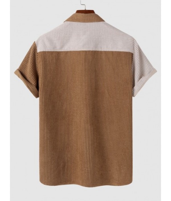 Colorblock Front Pocket Corduroy Short Sleeves Shirt And Drawstring Shorts Set