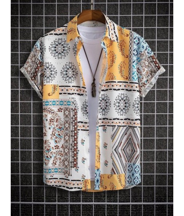 Retro Floral Print Patternblock Beach Vacation Shirt With Basic Casual Shorts Set Retro Floral Print Patternblock Beach Vacation Shirt With Basic Casual Shorts Set