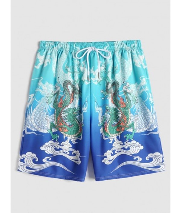 Men's Vacation Beach Co Ord Chinese Style Dragon Cloud Pattern Open Front Kimono With Drawstring Board Shorts Set Men's Vacation Beach Co Ord Chinese Style Dragon Cloud Pattern Open Front Kimono With Drawstring Board Shorts Set
