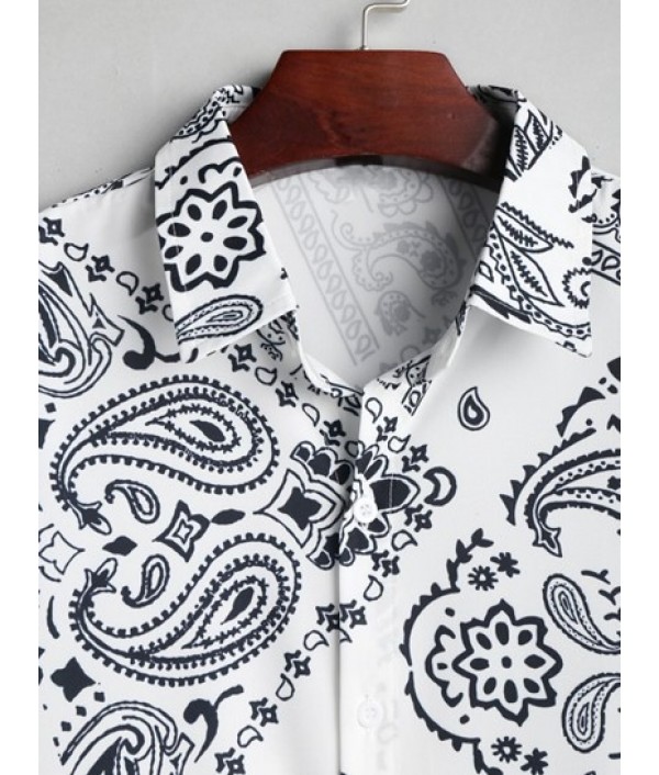 Men's Beach Vacation Ethnic Paisley Floral Patchwork Scarf Print Button Up Short Sleeve Shirt And Drawstring Pocket Bermuda Shorts Set