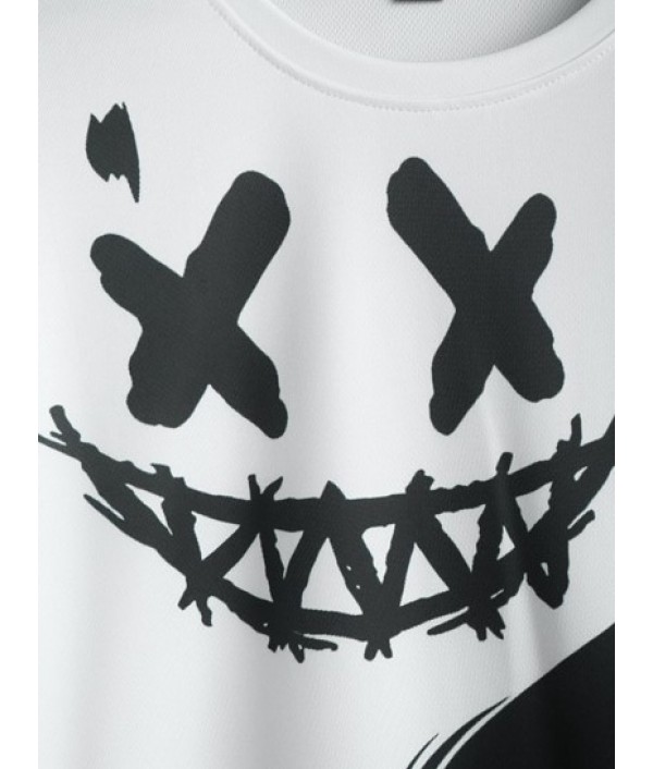 Men's Evil Smile Face Print Colorblock Two Tone Crew Neck Casual Short Sleeve T Shirt And Streetwear Cartoon Drawstring Board Shorts Set