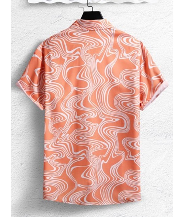 Men's Casual Water Wave Pattern Short Sleeves Button Front Vacation Beach Shirt And Basic Shorts Set