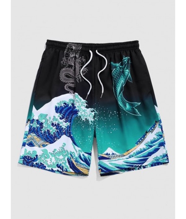 Men's Japanese Sea Wave Printed Short Sleeves Crew Neck T-shirt And Chinese Style Fish Dragon Sea Wave Printed Vacation Beach Board Shorts Set Men's Japanese Sea Wave Printed Short Sleeves Crew Neck T-shirt And Chinese Style Fish Dragon Sea Wave Printed Vacation Beach Board Shorts Set