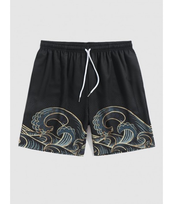 Sea Waves Print Colorblock Collar Kimono With Vacation Beach Shorts Set Sea Waves Print Colorblock Collar Kimono With Vacation Beach Shorts Set