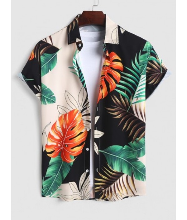 Men's Tropical Palm Leaves Printed Short Sleeves Button Front And Drawstring Shorts Vacation Set