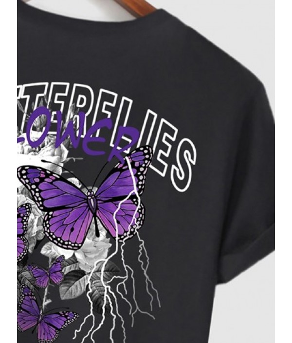 Men's Casual Y2K Aesthetic Letter Butterfly Floral Rose Graphic Printed Short Sleeves T-shirt And Gothic Style POWERFUL Drawstring Casual Shorts Set