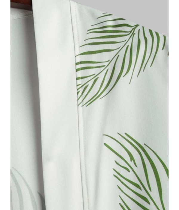 Tropical Palm Leaves Print Beach Kimono And Pocket Drawstring Beach Shorts Two Pieces Set