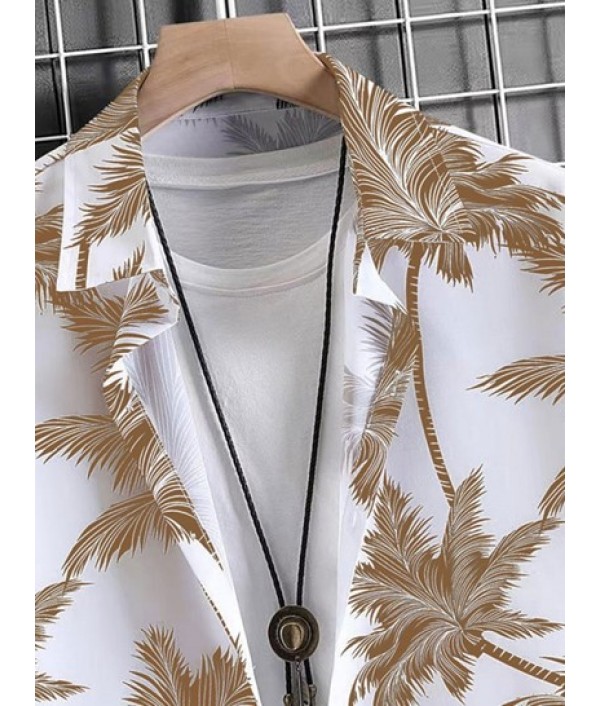 Men's Tropical Coconut Tree Print Hawaiian Summer Casual Beach Vacation Button Short Sleeve Shirt And Coconut Trees Pattern Drawstring Board Shorts Set