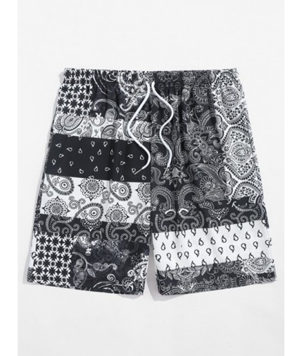 Men's Beach Vacation Ethnic Paisley Floral Patchwork Print Button Up Short Sleeve Shirt And Drawstring Pocket Bermuda Shorts Set Men's Beach Vacation Ethnic Paisley Floral Patchwork Print Button Up Short Sleeve Shirt And Drawstring Pocket Bermuda Shorts Set