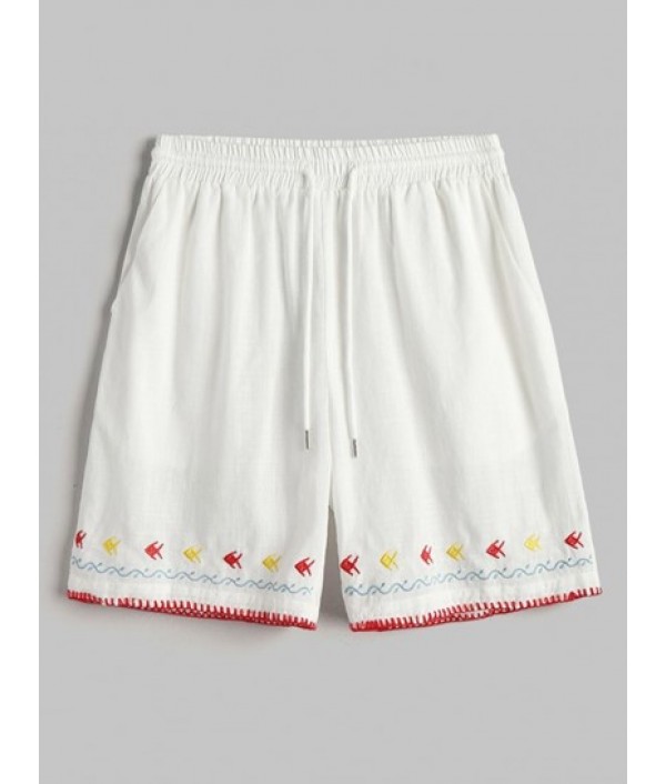 Fish Crab Marine Life Embroidery Short Sleeves Shirt With Shorts Beach Vacation Two Piece Set