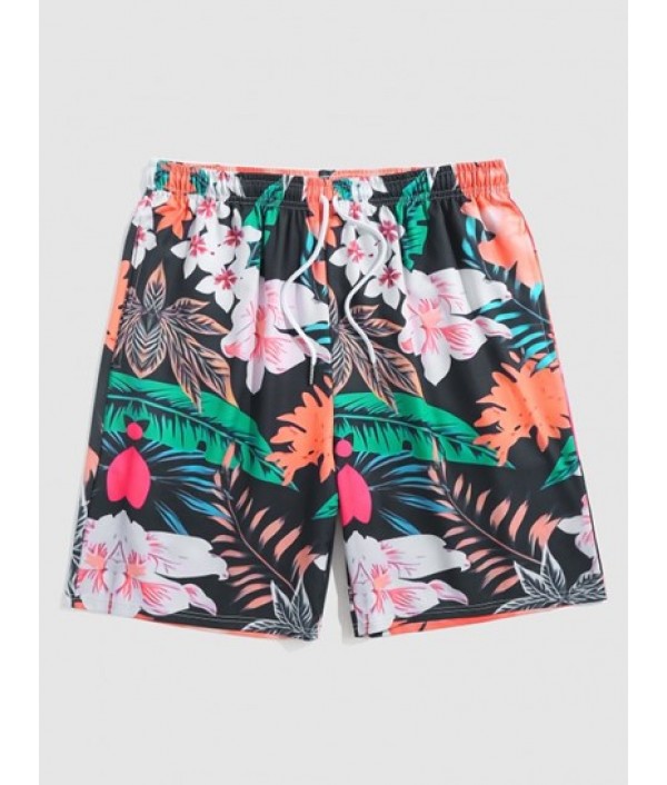 Men's Floral Tropical Leaf Print Casual Beach Summer Vacation Hawaii Short Sleeves Shirt And Drawstring Shorts Two Pieces Set