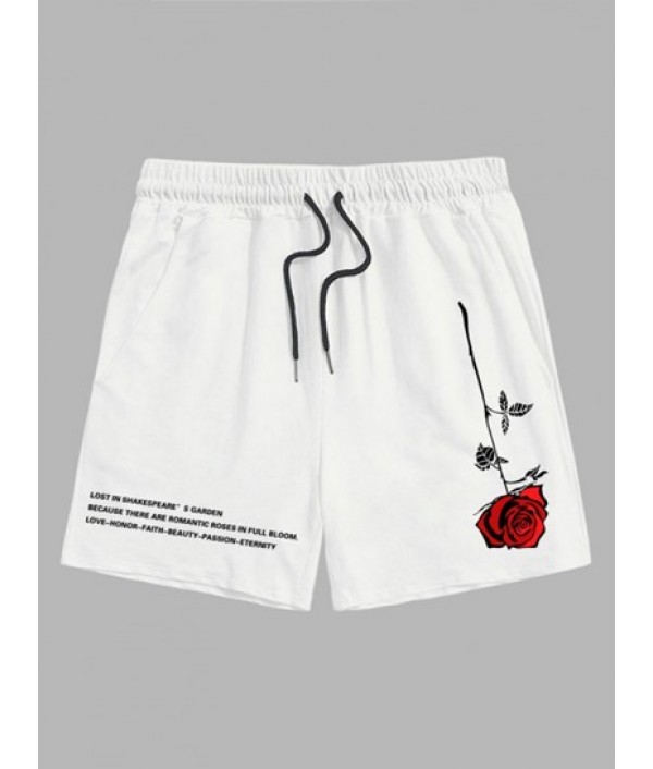 Men's Matching Letter Rose Graphic Printed Short Sleeve T-shirt With Casual Drawstring Shorts Set