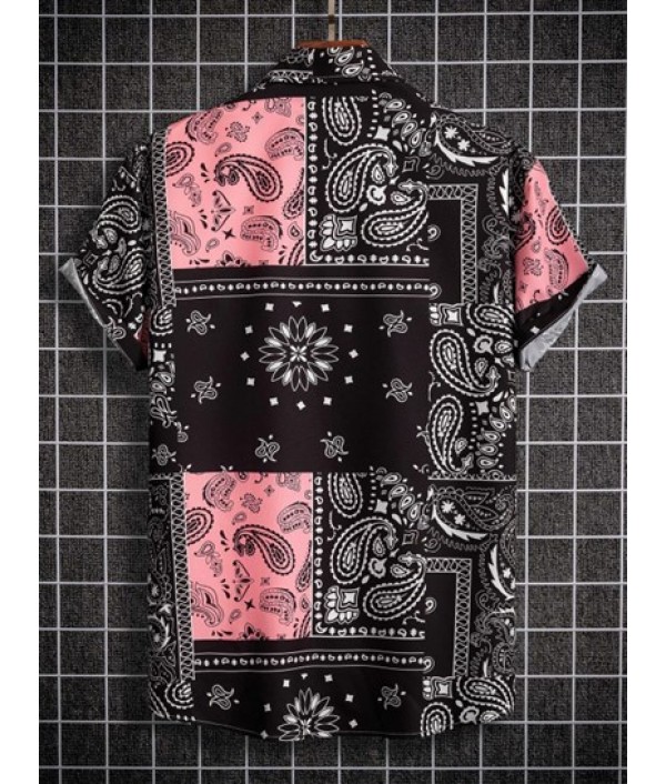 Men's Ethnic Style Paisley Floral Print Pattern Block Retro Casual Short Sleeves Shirt And Vacation Drawstring Board Shorts Set Men's Ethnic Style Paisley Floral Print Pattern Block Retro Casual Short Sleeves Shirt And Vacation Drawstring Board Shorts Set