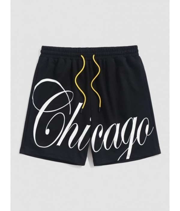 Men's Chicago Graphic Letter Print Short Sleeve Stand Collar Button Up Casual Baseball Shirt And Drawstring Sweat Shorts Sports Set