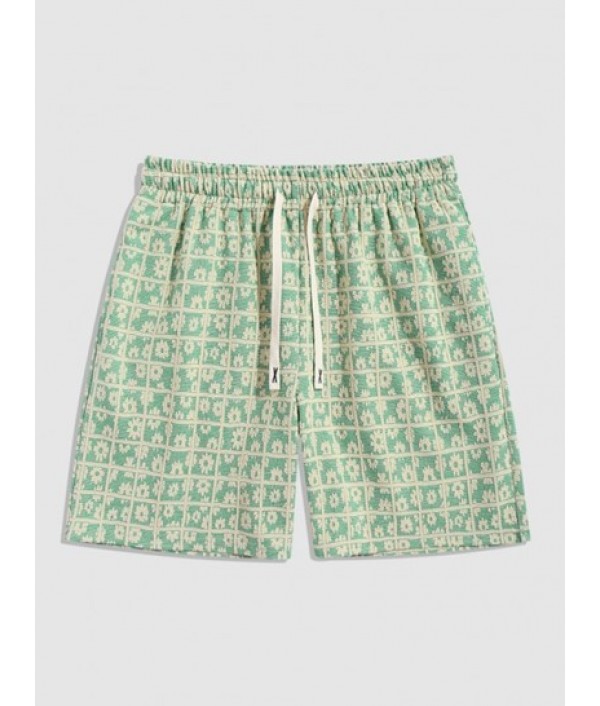Men's Casual Athleisure Floral Checks Jacquard Textured Crew Neck Short Sleeves T Shirt Drawstring Shorts Two Piece Set Men's Casual Athleisure Floral Checks Jacquard Textured Crew Neck Short Sleeves T Shirt Drawstring Shorts Two Piece Set