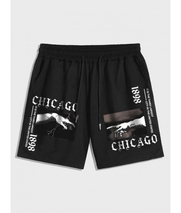 Men's Casual Vintage Gothic Letter CHICAGO Gesture Graphic Printed Short Sleeves T-shirt And  Drawstring Shorts Set