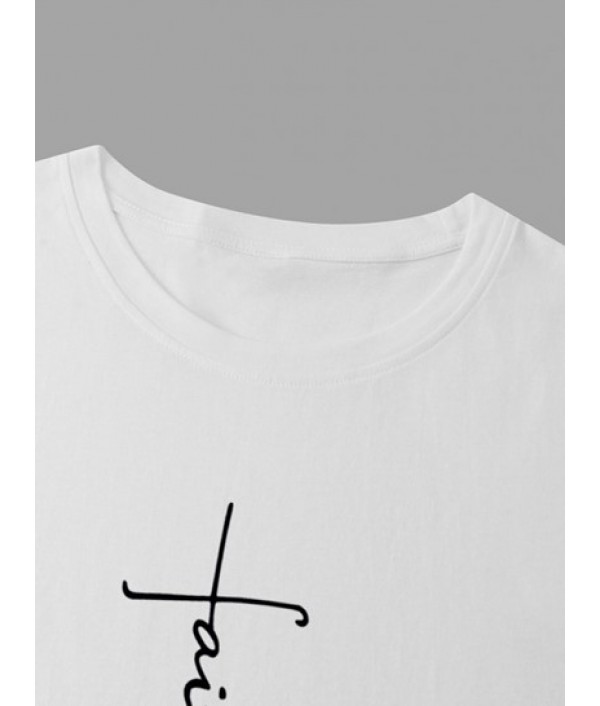 Men's Daily Casual Two Piece Set Faith Letter Printed Short Sleeves Crew Neck T-shirt With Drawstring Pocket Bermuda Shorts Set