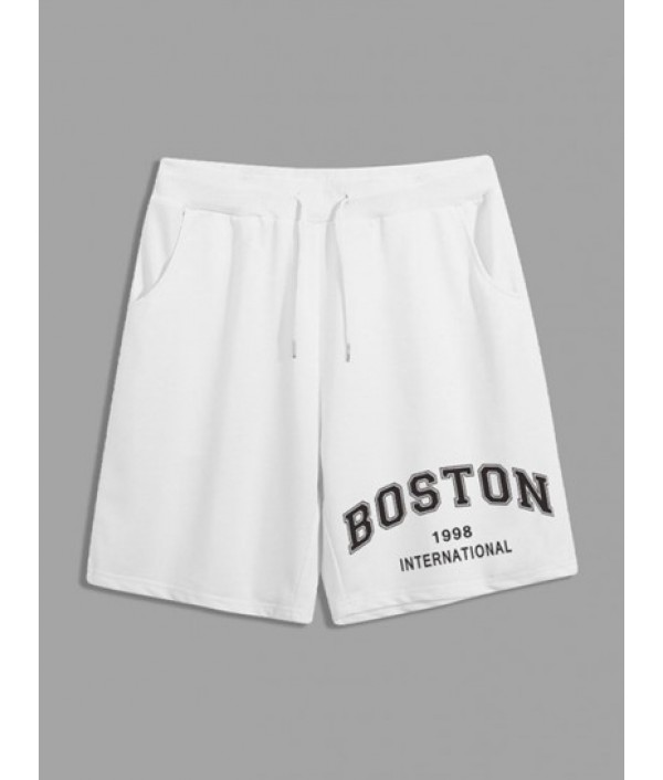 BOSTON Print Short Sleeve Drawstring Pocket Shorts Set BOSTON Print Short Sleeve Drawstring Pocket Shorts Set