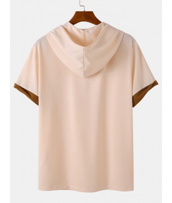 Color Spliced Rose Printed Hooded T-shirt And Japanese Printed Drawstring Shorts Set