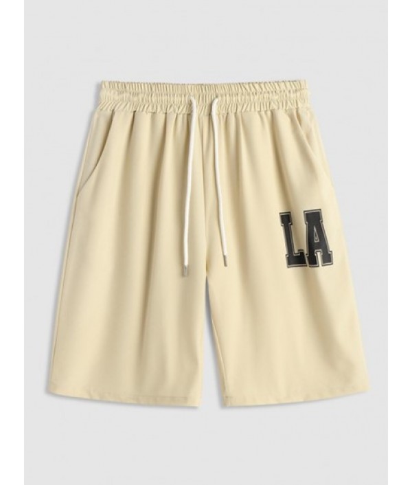 LA Print Stand Collar Short Sleeve Shirt With Drawstring Pocket Shorts Set