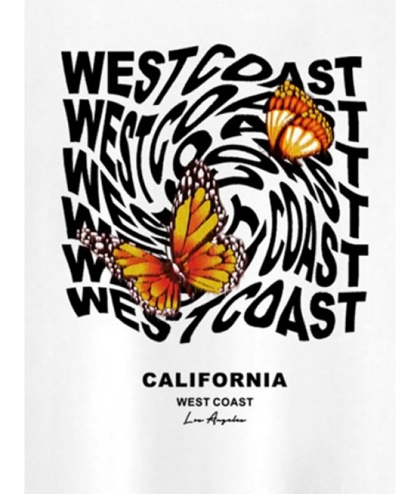 Men's Casual WEST COAST Butterfly Pattern Short Sleeves T-shirt And Athleisure Style Letter CALIFORNIA Graphic Printed Drawstring Pockets Shorts Set