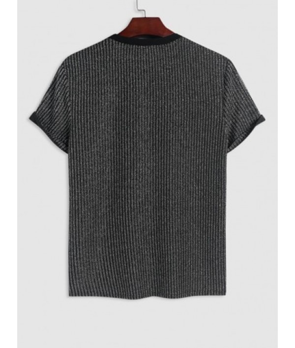 Men's Glitter Silver Metallic Yarn Textured Ribbed Short Sleeves T Shirt With Drawstring Straight Leg Pants Two Piece Set