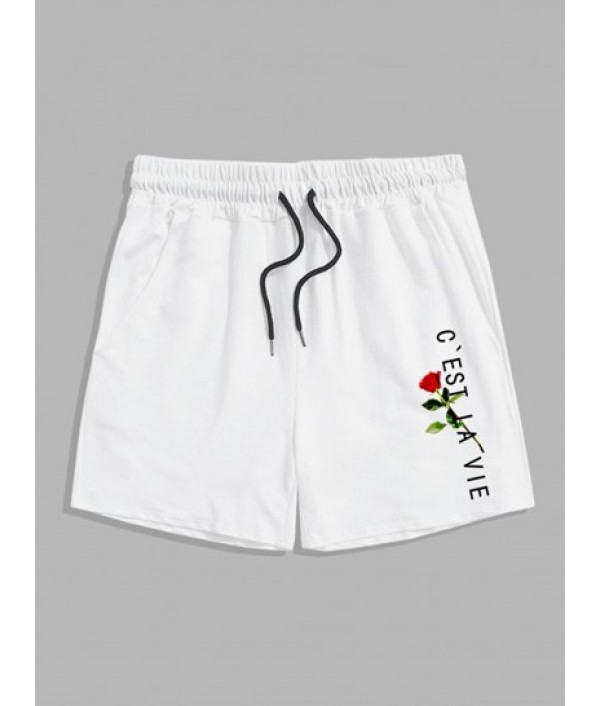 2Pcs Sculpture Floral Rose Printed T-shirt And C'EST LA VIE Drawstring Shorts Set 2Pcs Sculpture Floral Rose Printed T-shirt And C'EST LA VIE Drawstring Shorts Set