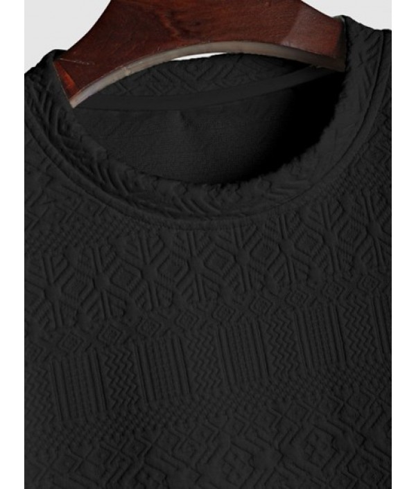 Men's Vintage Geometric Textured Jacquard Round Neck Short Sleeves T-shirt And Drawstring Bermuda Shorts Basic Set Men's Vintage Geometric Textured Jacquard Round Neck Short Sleeves T-shirt And Drawstring Bermuda Shorts Basic Set