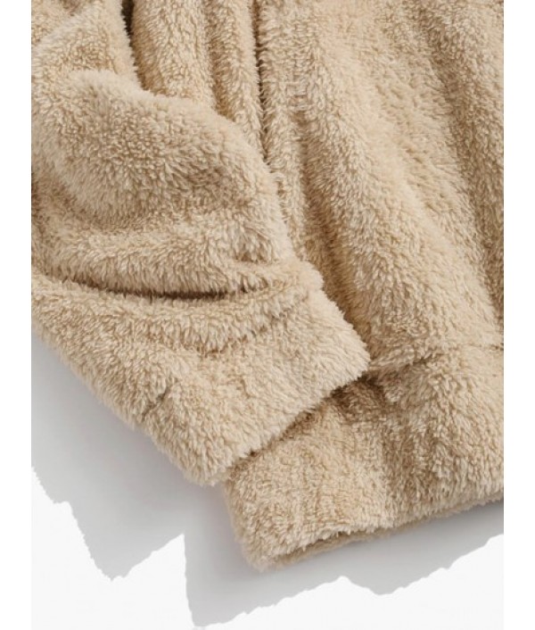 Solid Front Pocket Fluffy Fleece Hoodie And Pants Two Piece Set