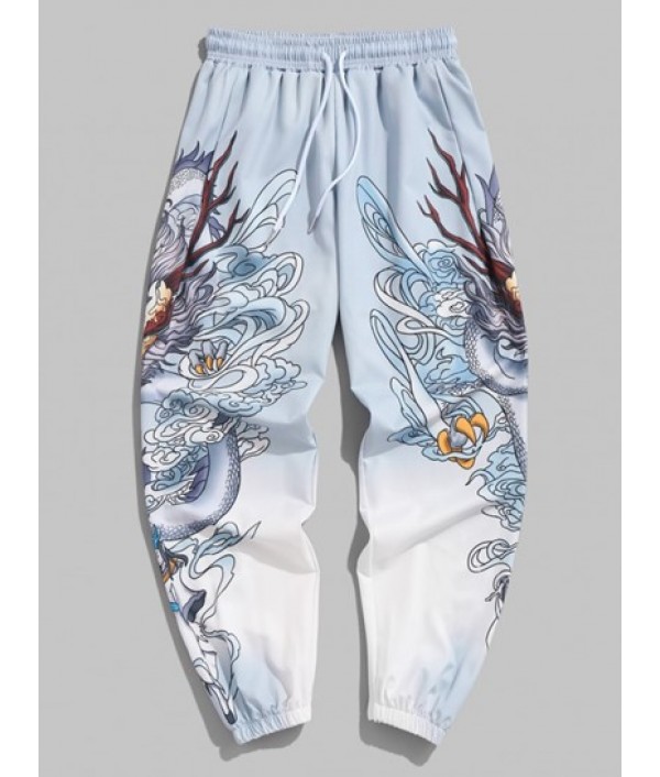 Men's Chinese Style Dragon Print Oriental Doctor Sleeve T Shirt And Drawstring Pocket Jogger Pants Set