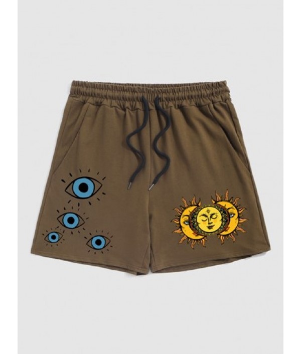 Men's Letter Cactus Graphic Pattern Short Sleeves T-shirt And Vintage Sun And Eye Print Sweat Shorts Set