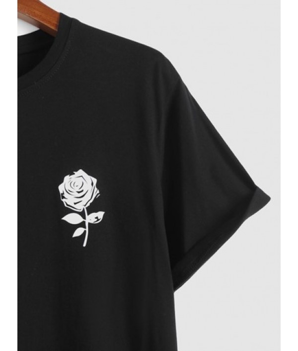 Drawstring Shorts And Rose Print Short Sleeve T Shirt Set