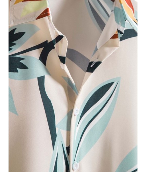 Leaves Print Hawaii Style Shirt With Tapered Pants Two Piece Set