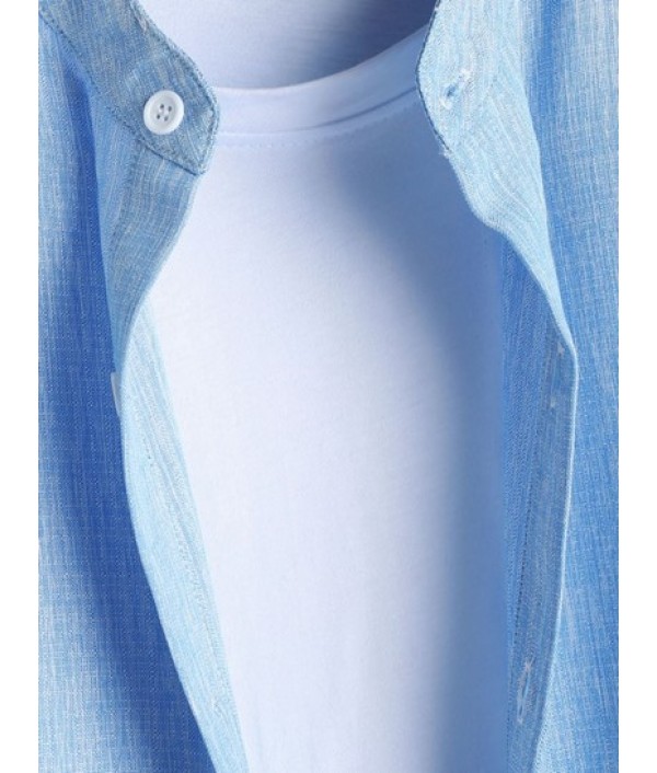 Stand Collar Applique Decor Heathered Basic Shirt With Drawstring Shorts Set Stand Collar Applique Decor Heathered Basic Shirt With Drawstring Shorts Set