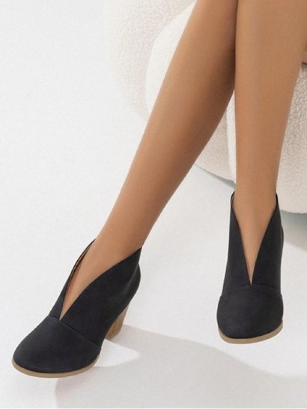 Chunky Heel V Cutout Ankle Boots