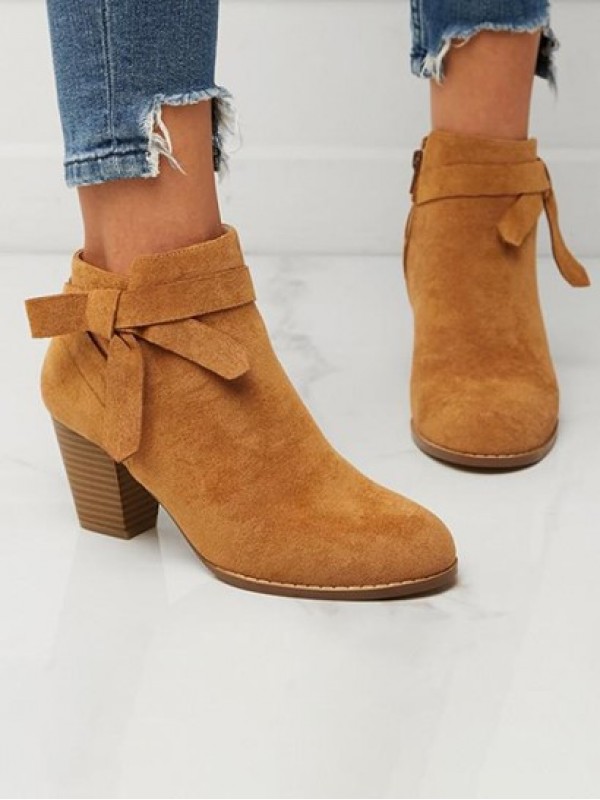 Faux Suede Bow Decor Chunky Heel Ankle Boots