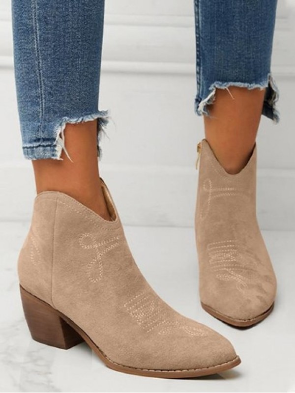 Faux Suede Topstitching Detail Chunky Heel Ankle Boots