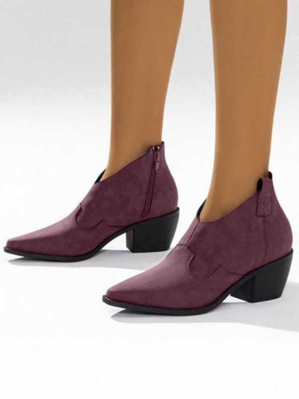 Chunky Heel Pointed Toe V Cut Ankle Boots