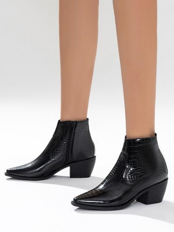 Chunky Heel Embossed Pointed Toe Ankle Boots