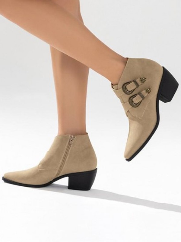 Faux Suede Buckle Decor Chunky Heel Ankle Boots