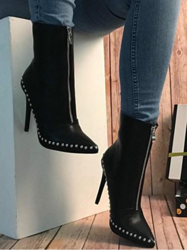 Zip Front Studded Stiletto Heel Boots