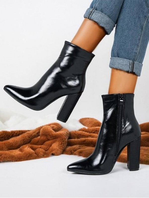 Side Zip Chunky Heel Pointed Toe Boots