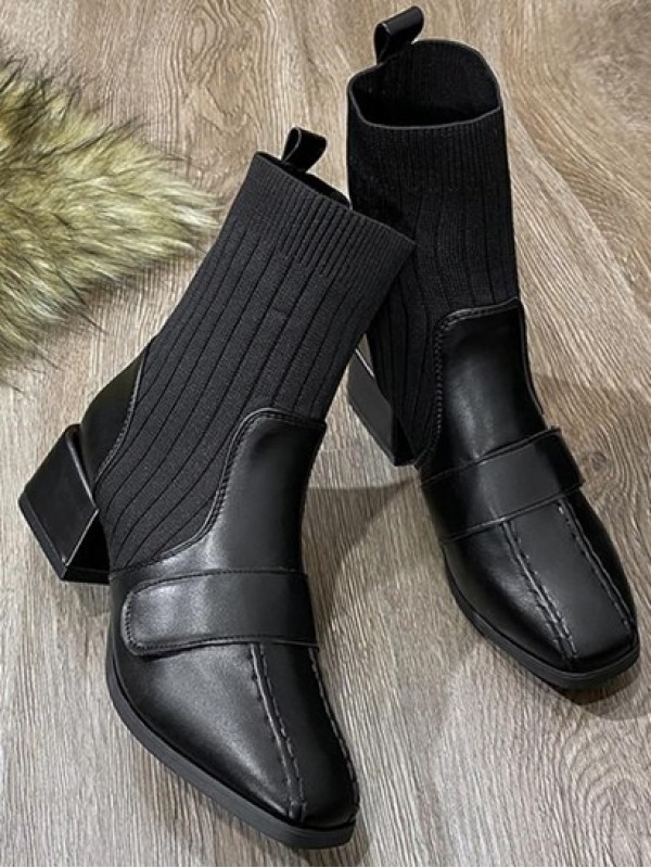 PU Knit Insert Pointed Toe Chunky Heeled Sock Style Boots