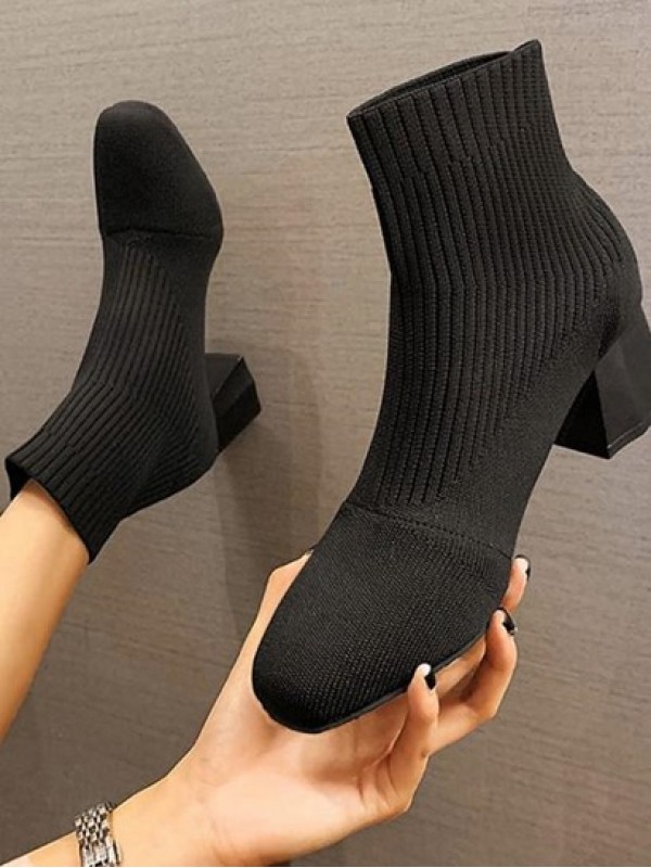 Chunky Heel Square Toe Knit Sock Boots