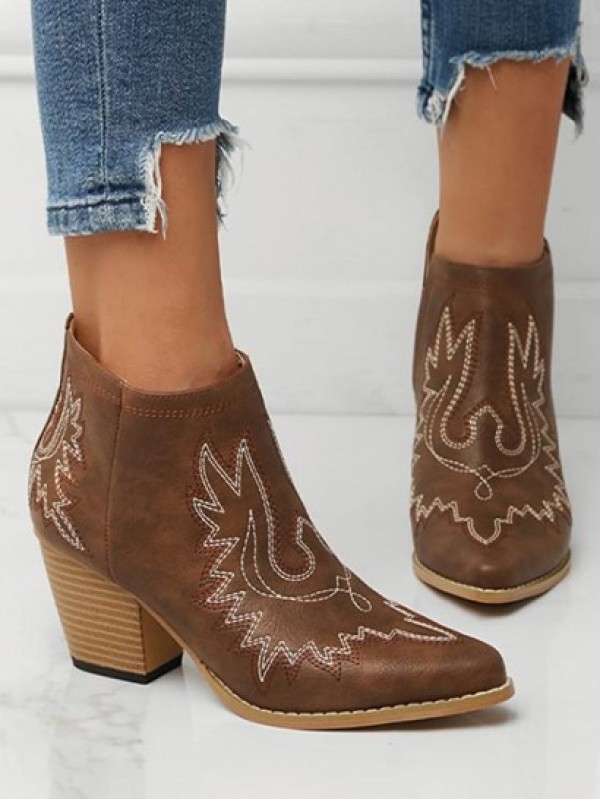 Chunky Heel V Cut Embroidered Western Ankle Boots