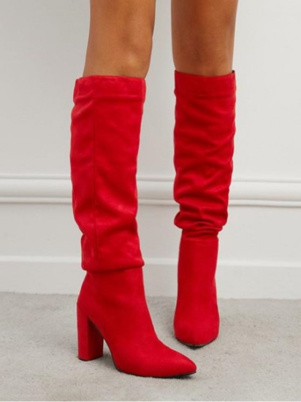 Suedette Chunky Heel Ruched Mid Calf Boots